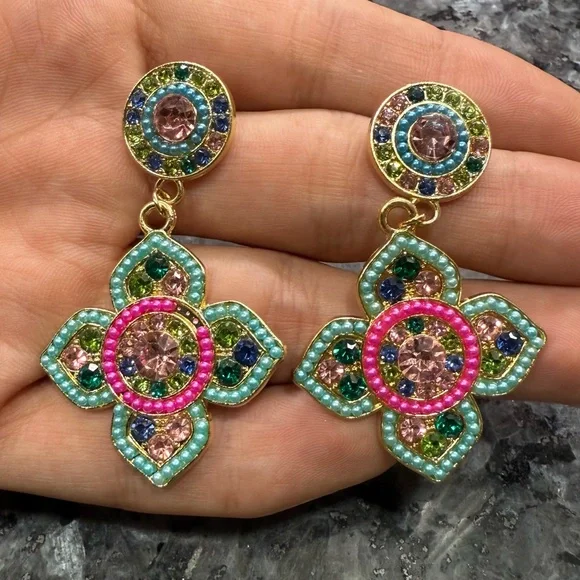 2/$25 or 3/$35 NWOT Fully rhinestoned colorful floral drop earrings - Picture 3 of 8